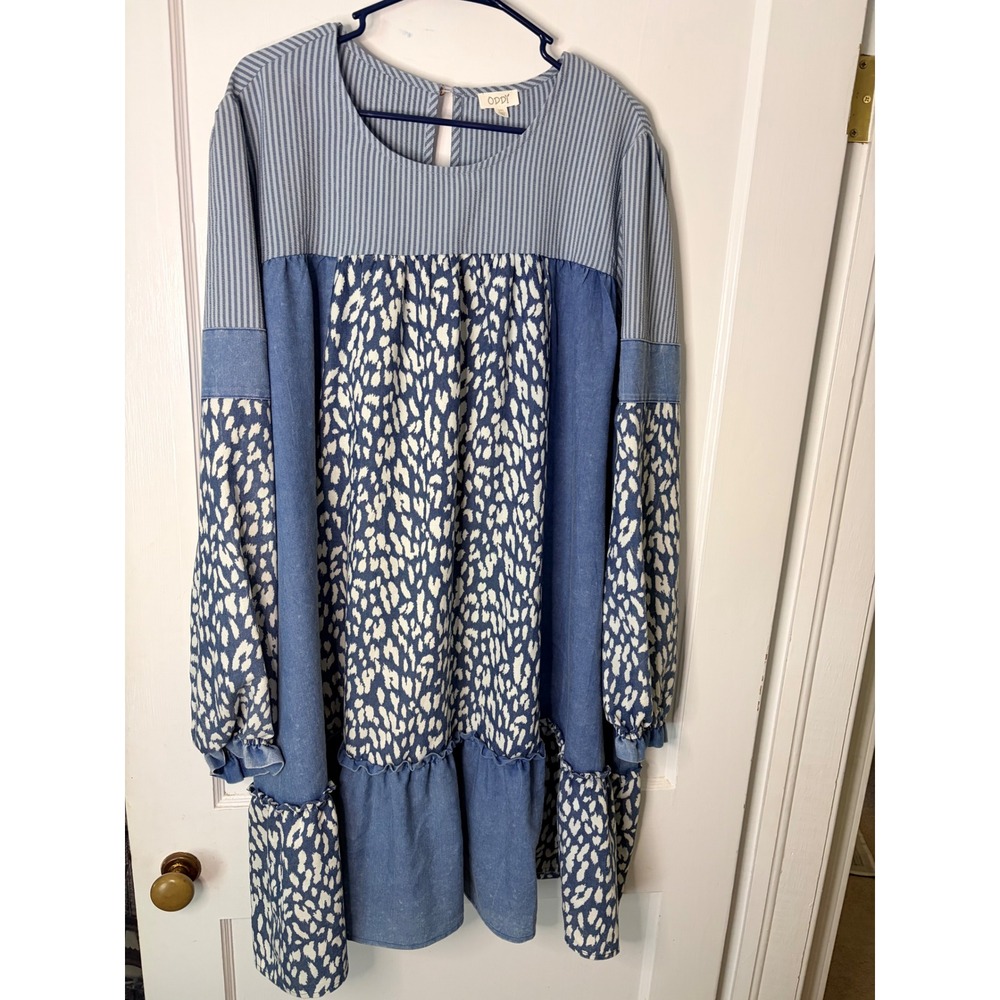 Oddi Women 3XL Mixed Media Animal Print Striped Babydoll Dress Blue ID15204P